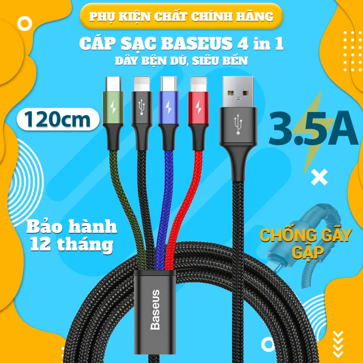 Dây sạc đa năng Baseus 4 in 1 hỗ trợ dòng điện lên tới 3.5A, hàng cao cấp chính hãng 100% - BH 12T