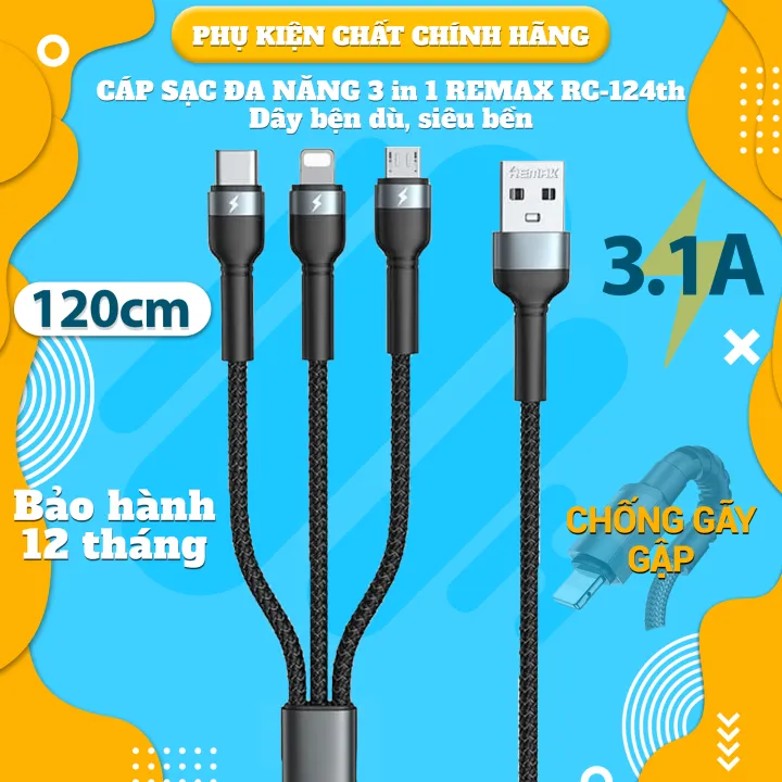 Cáp sạc đa năng 3in1 REMAX RC 124th dây bọc dù sạc nhiều thiết bị cùng lúc hàng chính_hãng - BH 12 tháng.