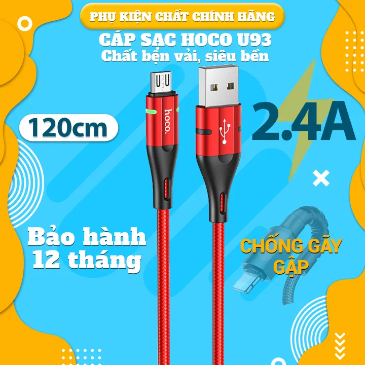 Cáp sạc nhanh Hoco U93 đầu IP, Micro, Type-C siêu bền 2.4A dây dài 1.2m bảo hành 12 tháng.